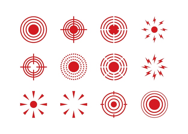 Pain point icons set Pain red circles mark Target spot symbols for medical design Concept killer for headaches abdominal aches Editable stroke Vector illustration isolated on white background