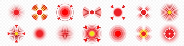 Vector pain target circle icons joint throat or body ache vector symbols paint or hurt red spots for neck acute pain headache painkiller symbols