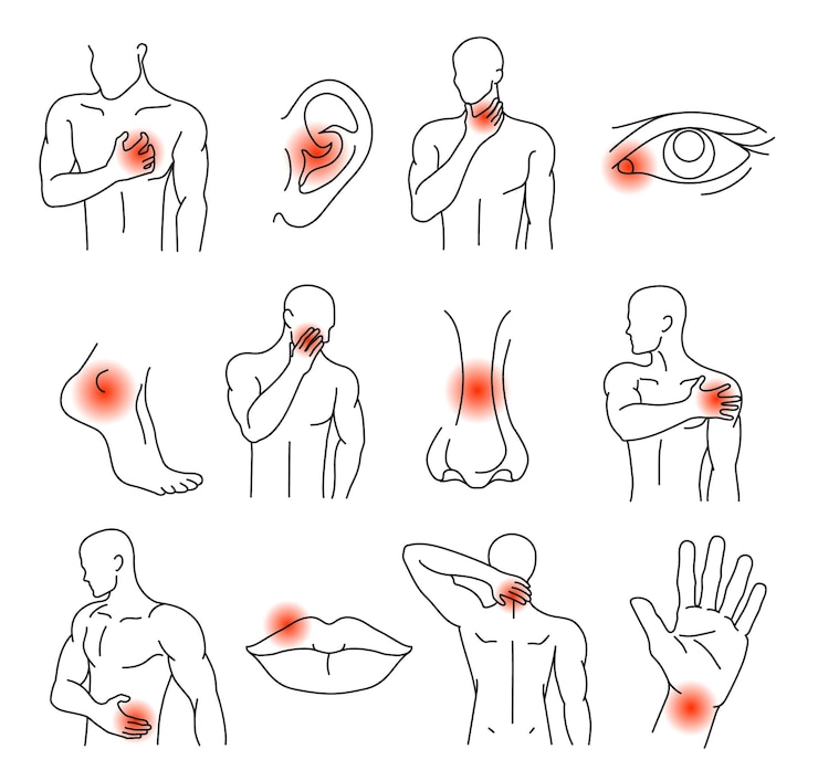 Vector pain types human figures and body parts with highlighted areas of pain or discomfort line art vector illustration set
