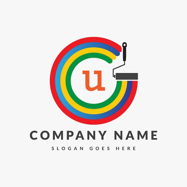 Paint Brush Logo On Letter U Template. Paint On U Letter, Initial Paint Sign Concept