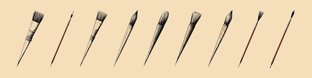 페인트 브러시 빈티지 손으로 그린 새겨진 스타일 예술적 브러시 잉크 세트