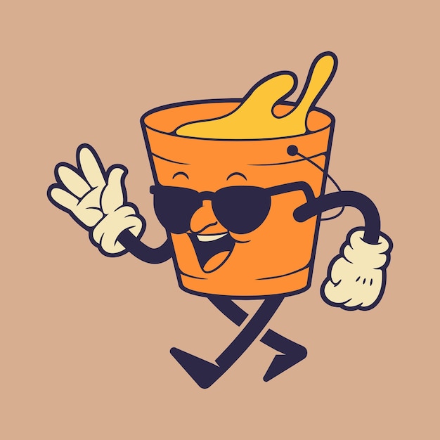 Paint bucket mascot character walking while using glasses retro vintage mascot illustration