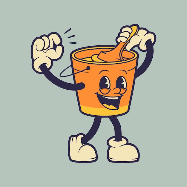 Paint bucket mascot holding on to paint brush while laughing retro vintage mascot illustration