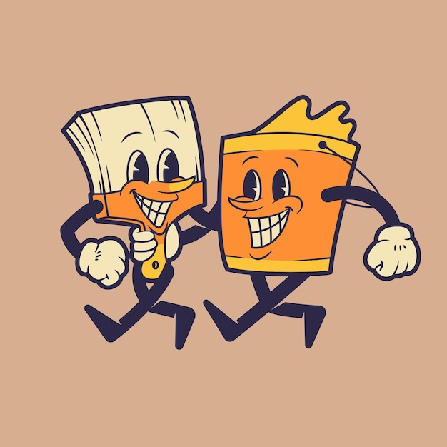 Paint bucket and paint brush mascot walking together Retro vintage mascot illustration