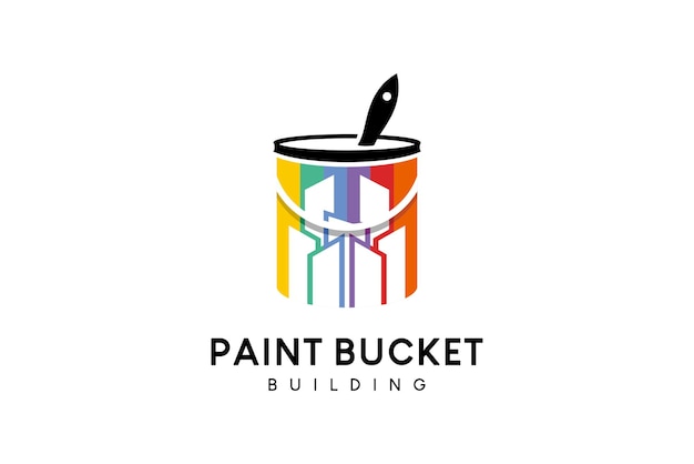 Paint bucket vector illustration logo design combination of paint bucket brush and building