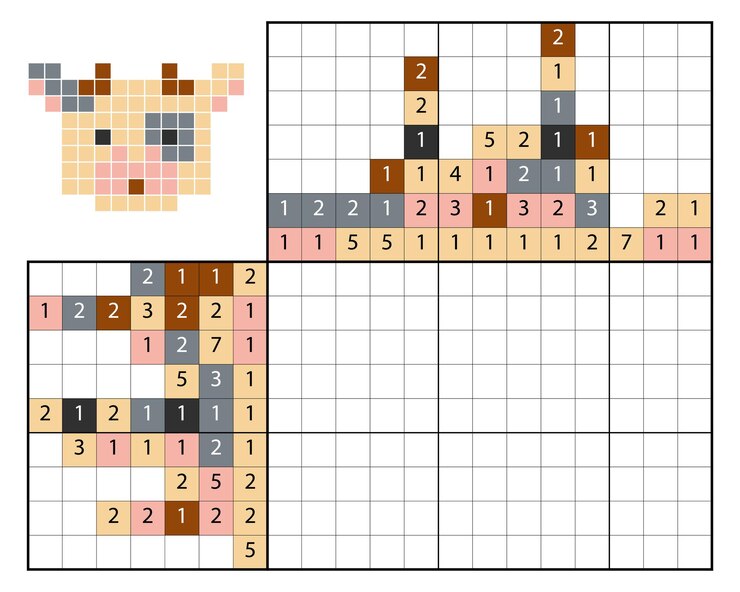 Vector paint by number puzzle (nonogram), education game for children, cow