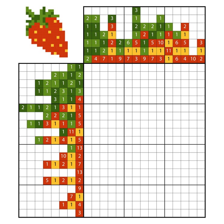 Vector paint by number puzzle (nonogram), education game for children, strawberry