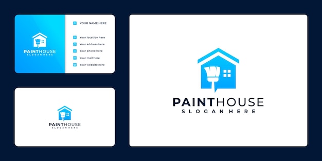 Логотип дома краски, дизайн визитной карточки, с ведром краски концепции и домом,