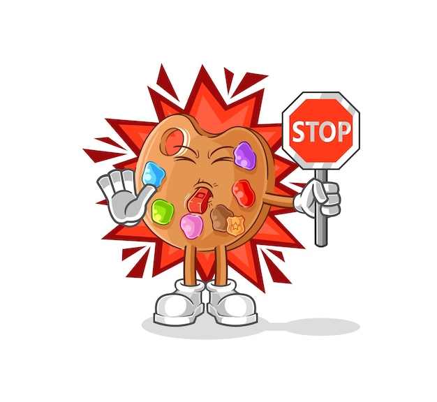 Paint palette holding stop sign cartoon mascot vector