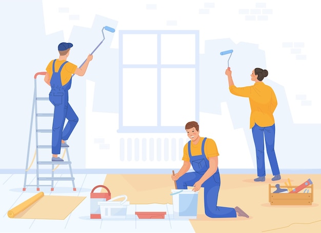 Vector paint repair team decorative repairment plaster of house room craftsman master renovate putty wall apartment process maintenance builder