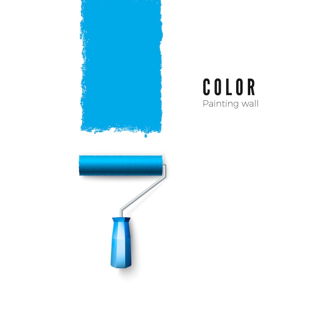 Вектор Малярная валиковая кисть. текстура синей краски при раскрашивании валиком. иллюстрация на белом фоне