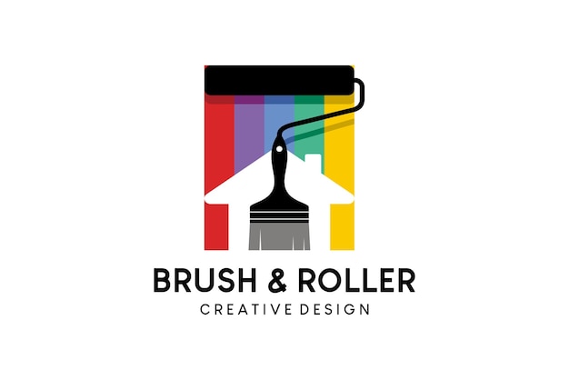 Дизайн логотипа силуэта валика и кисти в сочетании с концепцией цвета радуги, логотипом стены, домом и зданием