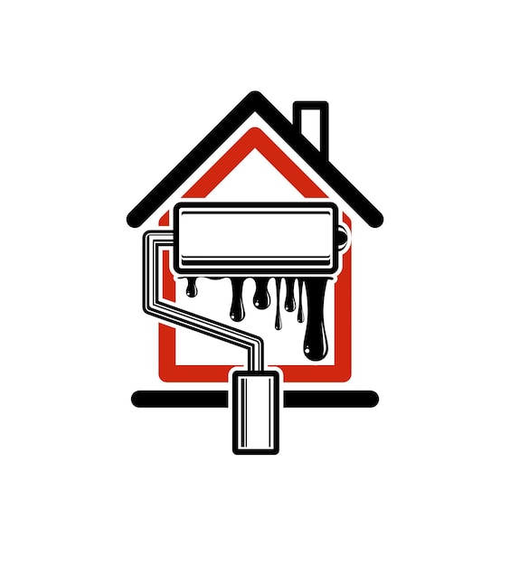 Paint roller icon, build materials for wall painting. House with work tools vector emblem, reparation. Home reconstruction idea, repair team brand symbol.
