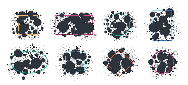 Paint splash frames Black ink drops and spots borders abstract ink splatters writing ink grunge drops frame silhouettes flat vector illustration set