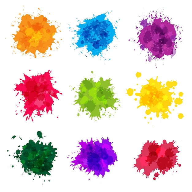 Paint splashes. Colored backdrop abstract splatter graphics ink yellow blue green magenta recent vector collection splashes template. Splatter green and blue splash, stain artistic dirty illustration