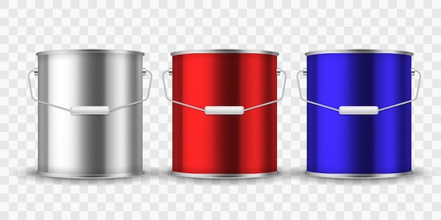 Paint steel can. silver bucket metal cans package paint aluminum container with handle for interior renovation realistic