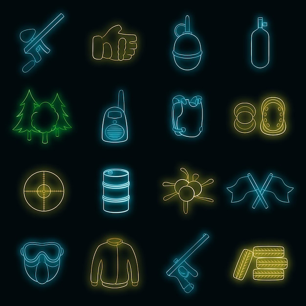 Paintball icons set in neon style. gun game set isolated vector illustration
