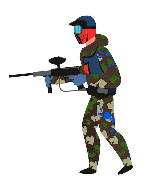 Paintball player in standing position isolated on white man in dirty military camouflage and protective blue mask holding shoot gun in hands