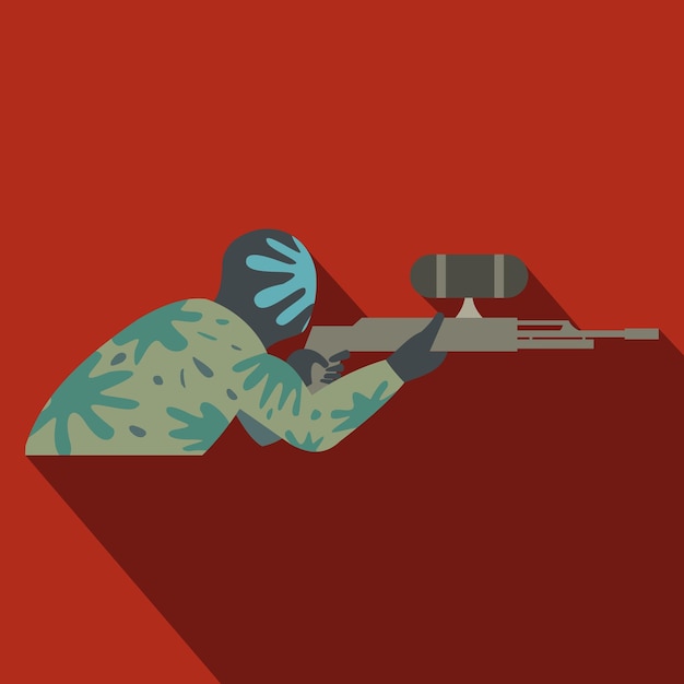 Vector paintball player with gun flat icon on a red background
