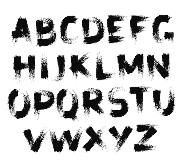 Painted Abc Grungy design black letters Handwritten fat font Sans serif alphabet Distress texture Brush strokes Grunge torn edges style Paintbrush upright symbols Bold vector