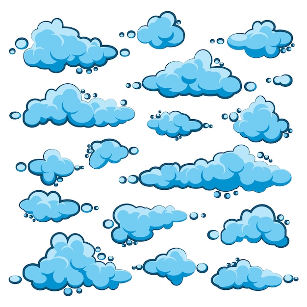 Вектор Рисованные мультфильмы с облаками на синем фоне, простые ручные круглые облака, панорама летнего неба