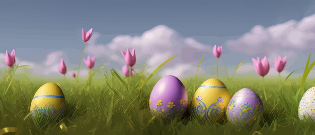 Окрашенные яйца, откладывающие весеннюю траву и цветы, пасхальная граница, баннер, плоская векторная иллюстрация, пасха