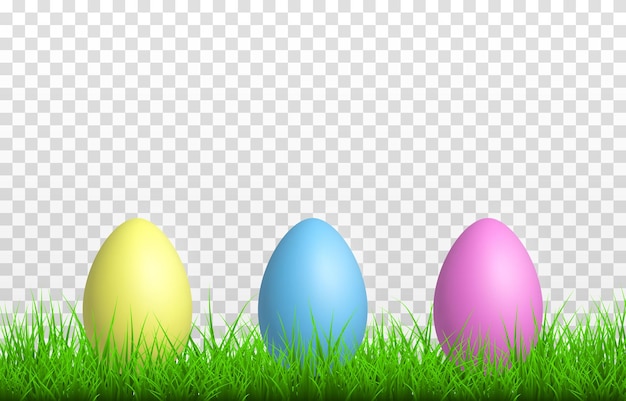 Painted eggs on the grass on an isolated transparent background. Easter eggs png, grass png. Easter.