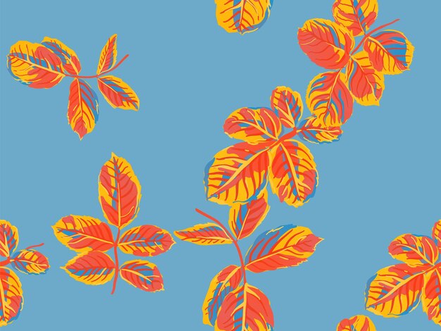 Vector painted english rose leaf patterns collection. saffron yellow and red summer textile design. romantic botanical vector background. rose leaves seamless pattern. repeated spring peony wallpaper.