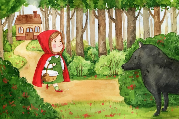 Painted little red riding hood tale illustration