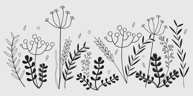 painted plants in vintage and doodle style