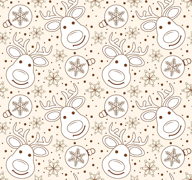 वेक्टर painted seamless pattern with christmas tree balls snowflakes and funny reindeer on light background