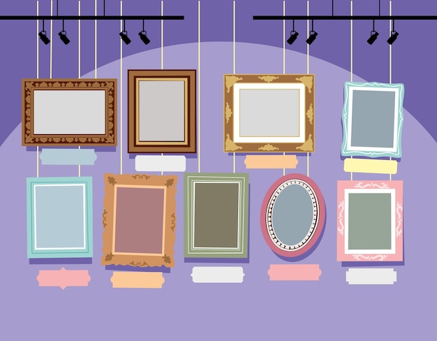 Painted various art frames on a purple wall Blank for a photo album