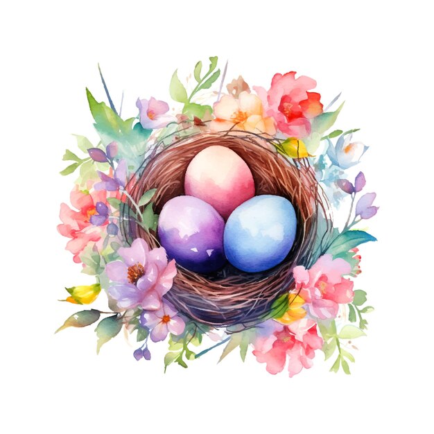 painted watercolor illustration of colorful nest with eggs Easter egg and flowers in the style of colorful