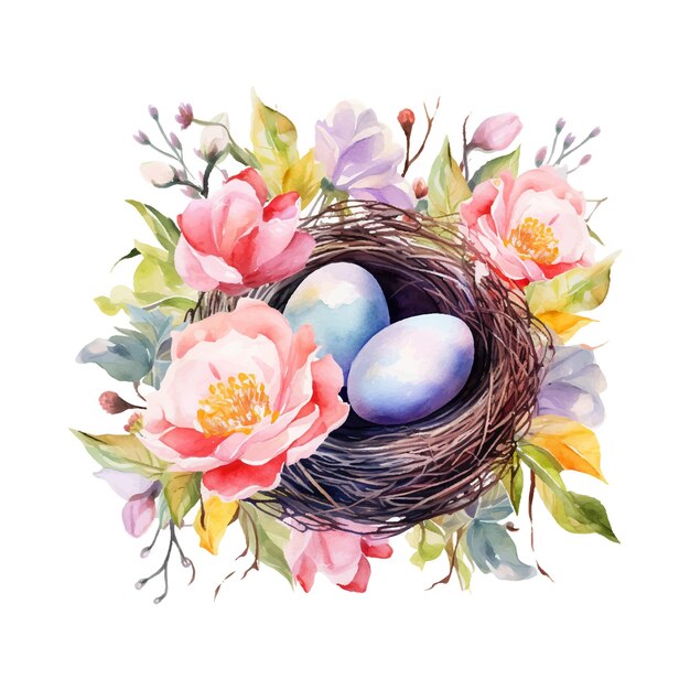 painted watercolor illustration of colorful nest with eggs Easter egg and flowers in the style