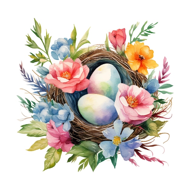 painted watercolor illustration of colorful nest with eggs Easter egg and flowers