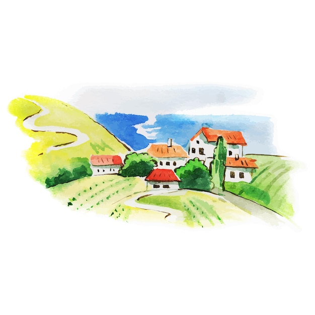 Vector painted watercolor vineyard landscape