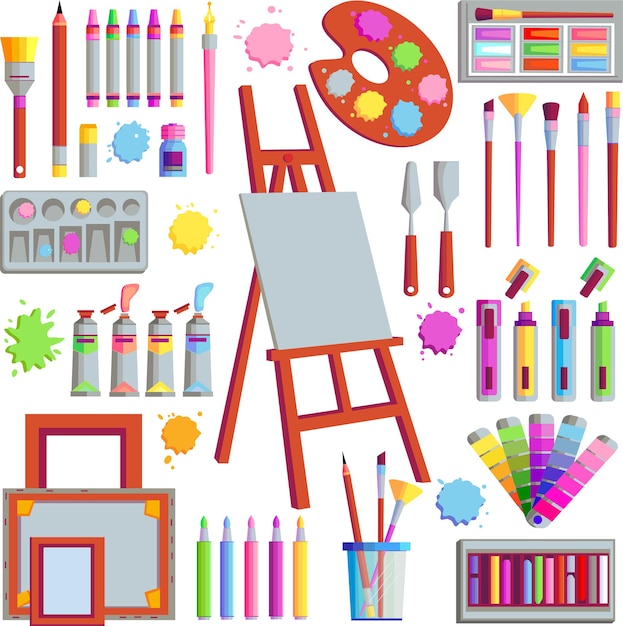 painter art tools. vector watercolor painting design artists supplies, easel and palette, painting brush and draw materials