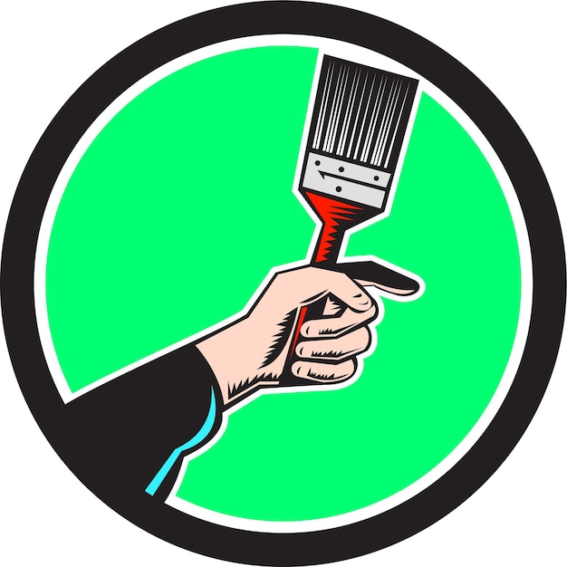 Vector painter hand holding paintbrush circle retro