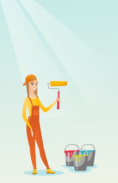 Painter holding paint roller vector illustration.