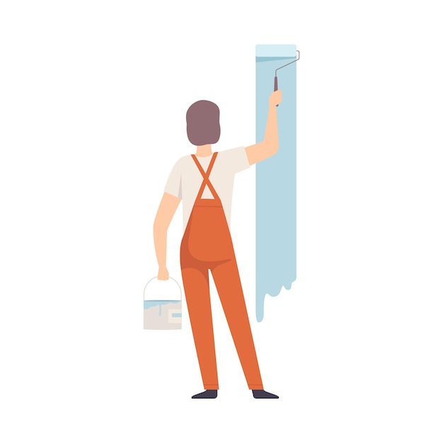 Painter Paints The Wall With Roller Flat Vector Illustration