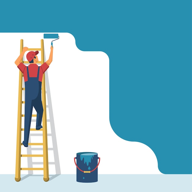 Vector painter standing on staircase paints the wall. man is holding paint roller in hand. vector illustration flat design style. human runs to provide construction work. customer service. worker in uniform.