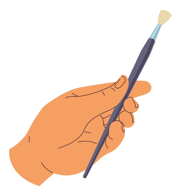 Художники и инструменты художников для создания рисунков, изолированная рука, держащая кисть с деревянной ручкой и качественной щетиной. Школьные принадлежности современного искусства, мастерская или студия. Вектор в плоском стиле