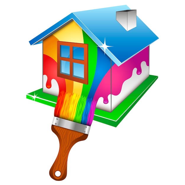 Vector painters brush paints a house with colored paint. design for house painter and painting