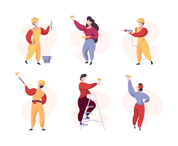 Painters. Crowd professional workers wall painting garish vector stylized people. Illustration worker painter wall, professional job