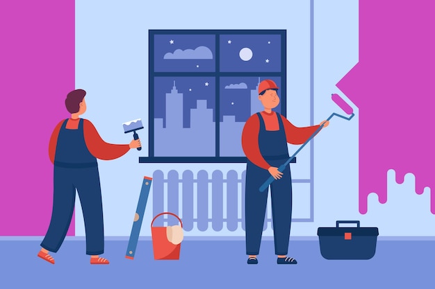 Vector painters painting walls in apartment flat vector illustration. men or male workers in uniform using putty for room renovation, remodeling or redecorating house interior. home repair concept