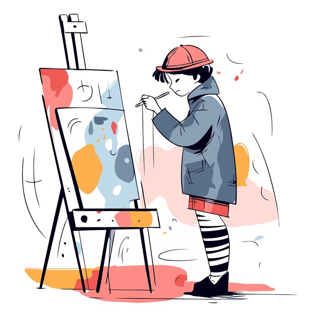 Вектор Картина мальчик в шлеме рисует на шезлонге