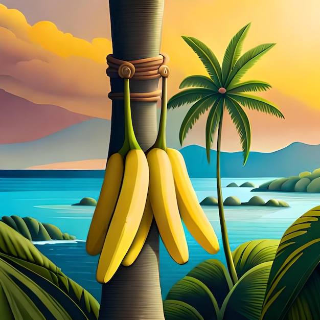 A painting of bananas tied to a tree with a palm tree and a palm tree in the background.