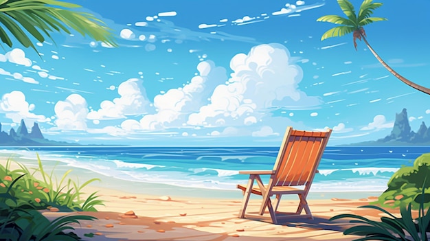 Vector a painting of a beach scene with a beach chair on the beach