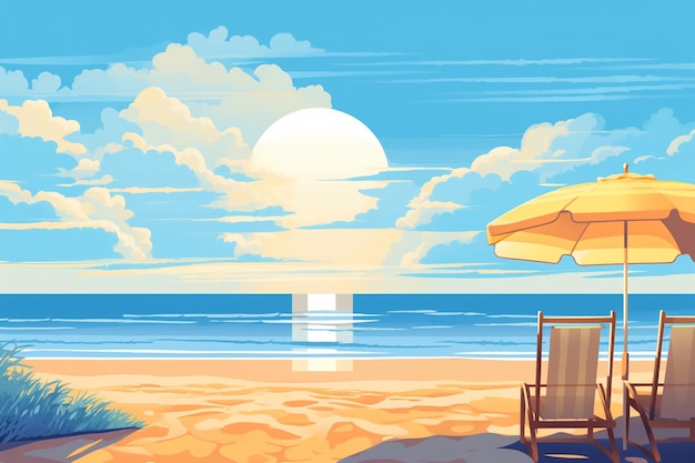 Vector a painting of a beach scene with chairs and umbrellas