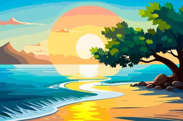 Vector a painting of a beach with a sunset and trees.